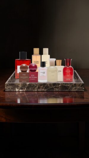 Stradivarius perfume collections displayed including Elixir, Monochrome, Essence and Intense fragrances