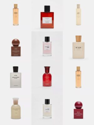 Stradivarius perfume collections displayed including Elixir, Monochrome, Essence and Intense fragrances