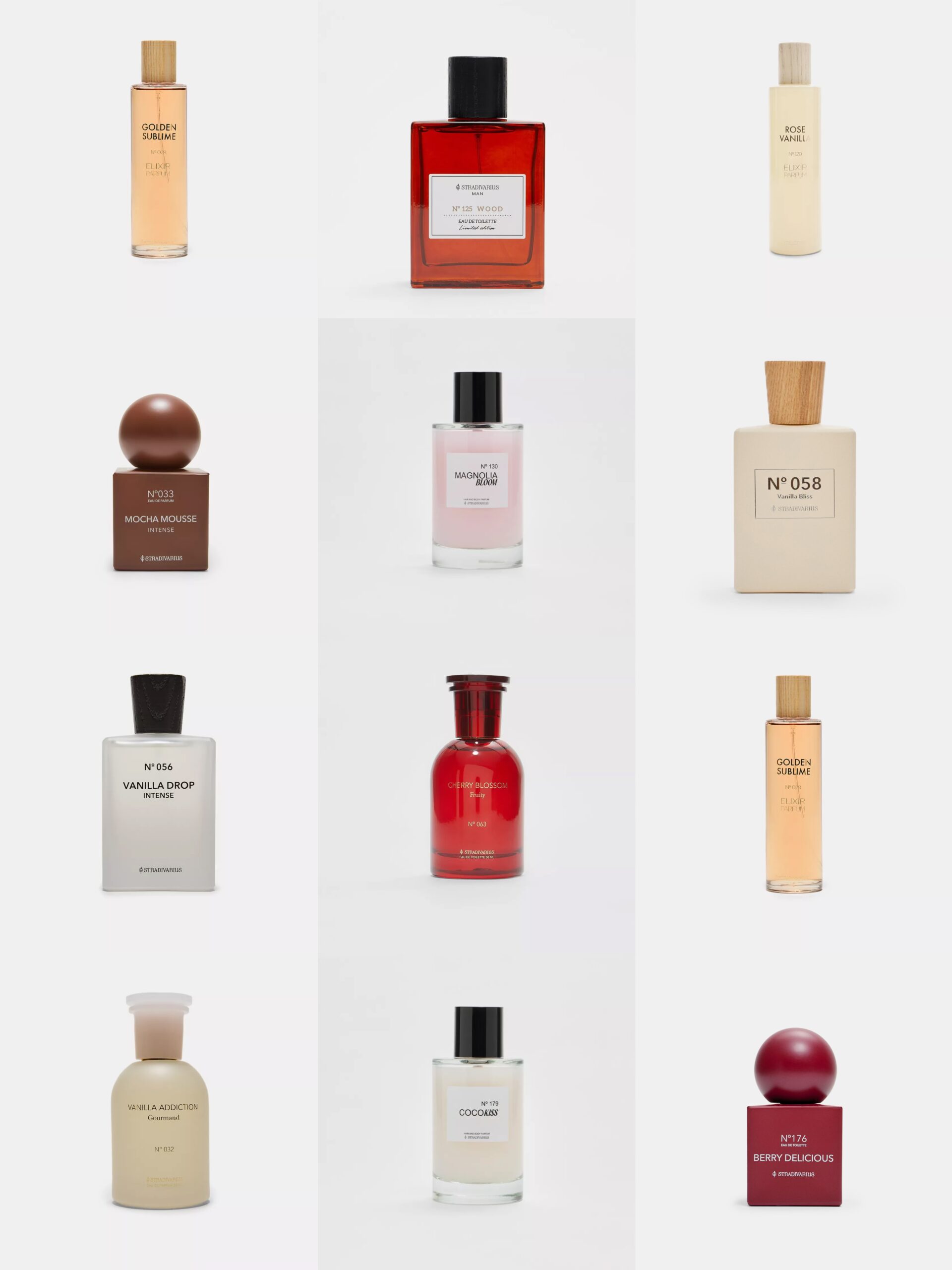 Stradivarius perfume collections displayed including Elixir, Monochrome, Essence and Intense fragrances