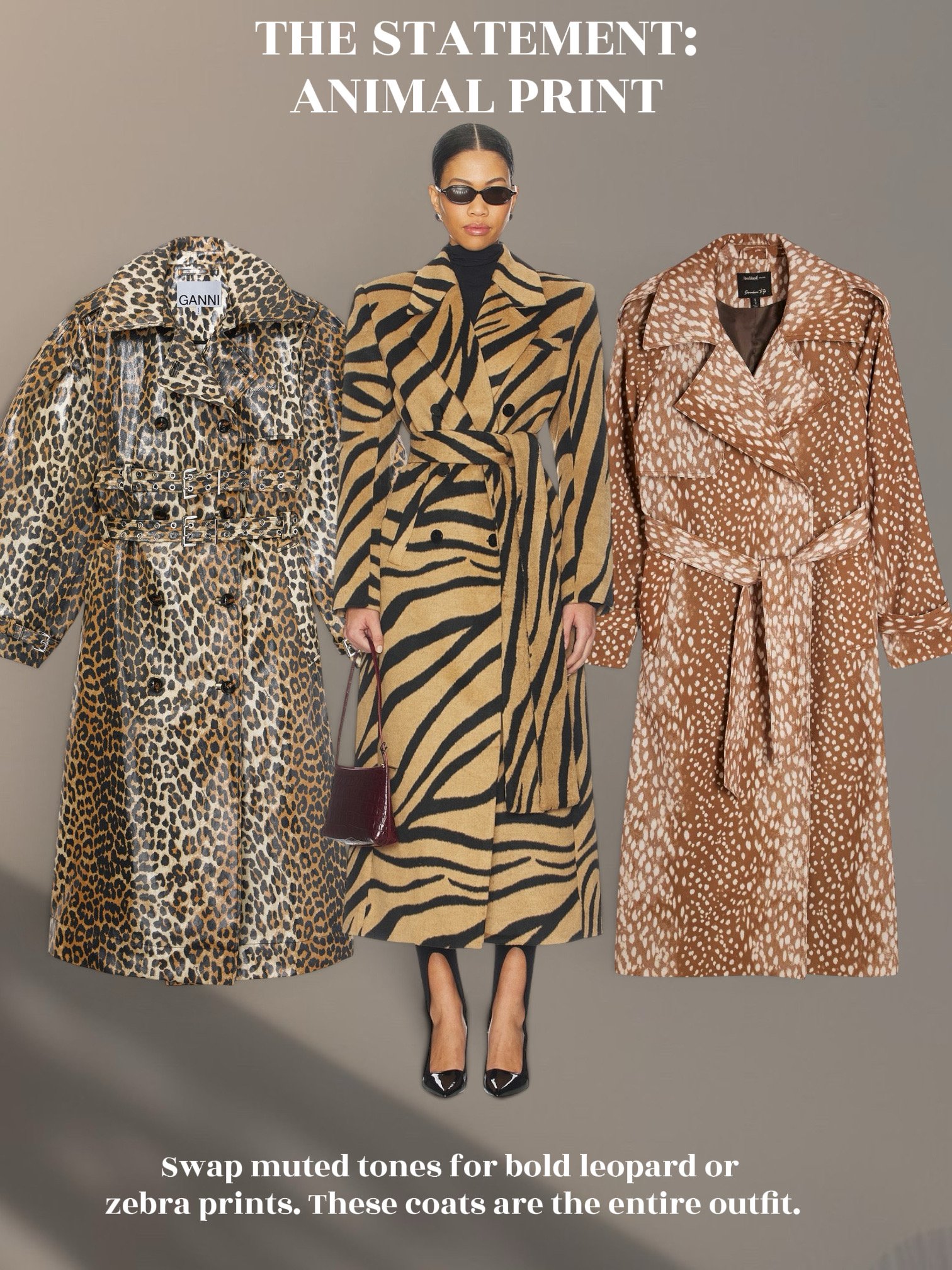Autumn/Winter 2026 animal-print fashion collage featuring a zebra\-print coat alongside leopard and spotted belted coats in warm brown and black tones