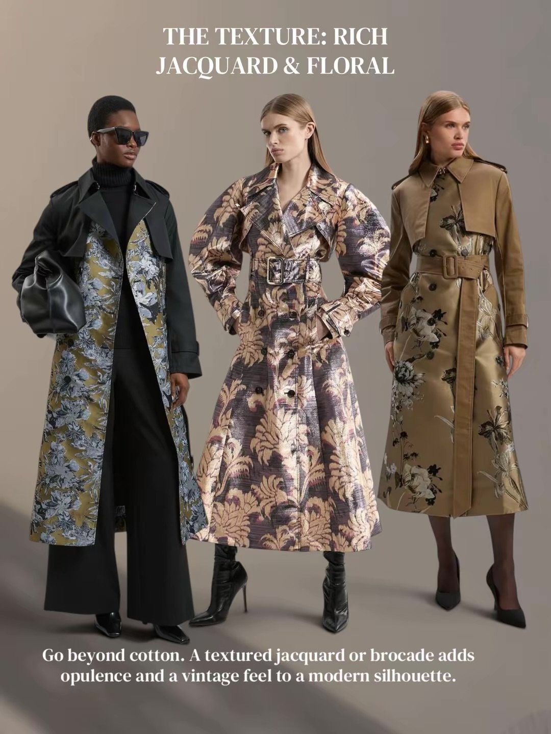 Autumn/Winter 2026 jacquard trend featuring three models in long floral brocade coats in black, mauve and camel.