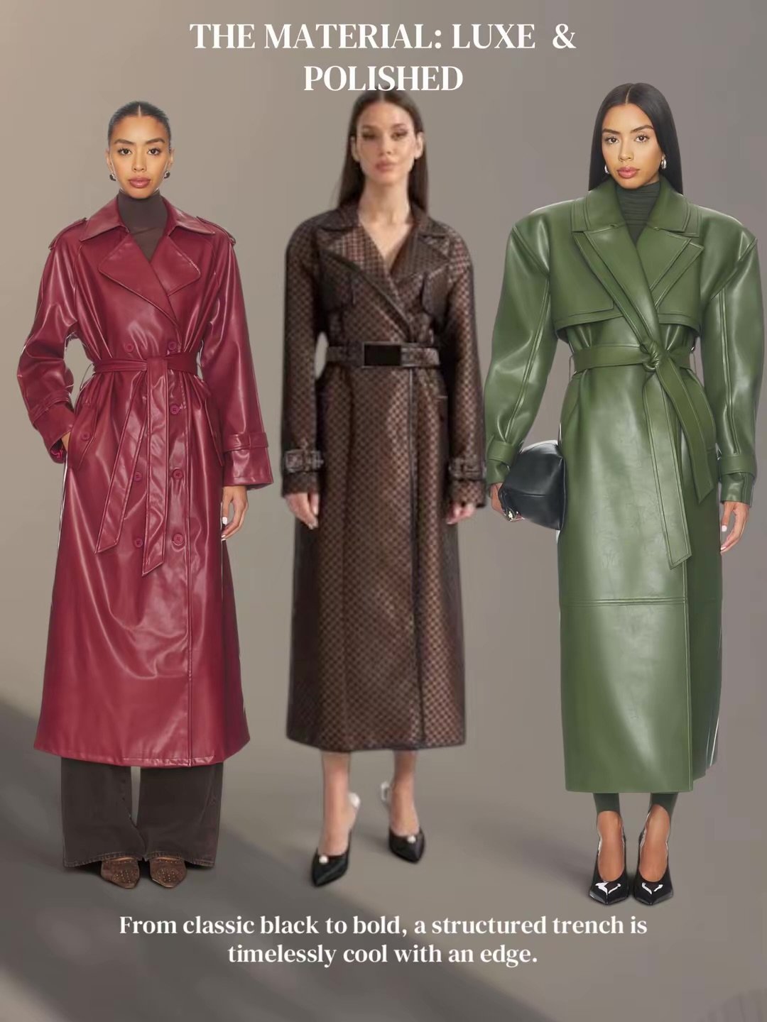 Autumn/Winter 2026 leather outerwear collage featuring long burgundy, chocolate-brown and olive-green leather coats with belted, waist-defining silhouettes.